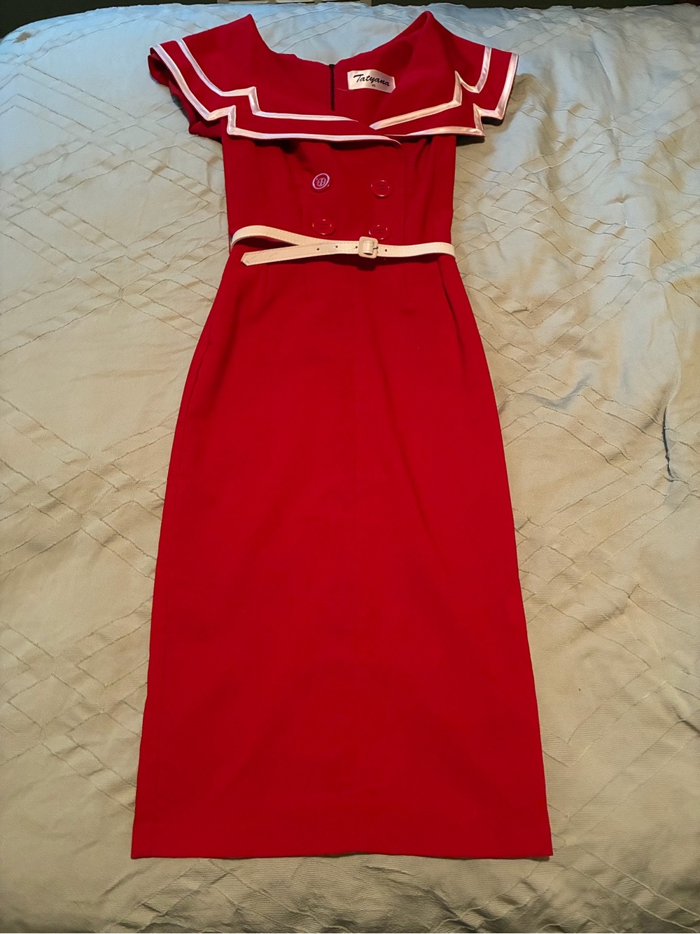 Tatyana Red Sailor-Collar Midi Dress with White Trim and Belt